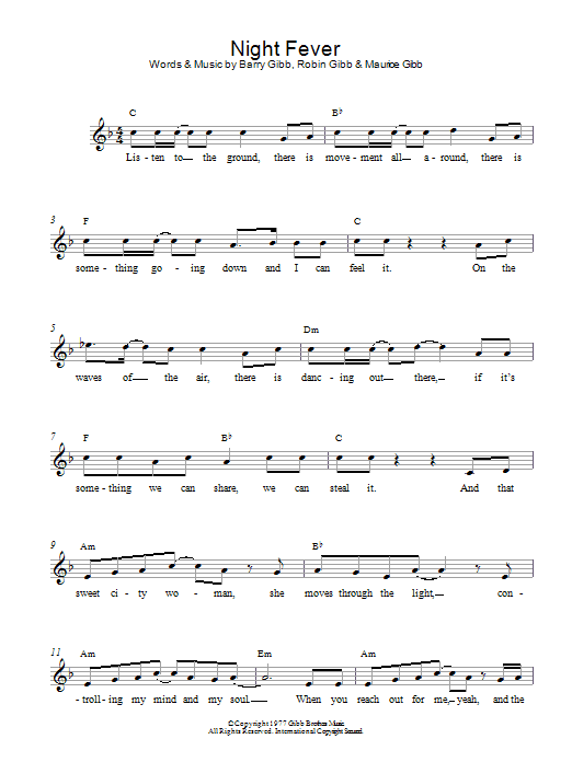 Bee Gees Night Fever sheet music notes and chords arranged for Piano, Vocal & Guitar Chords (Right-Hand Melody)