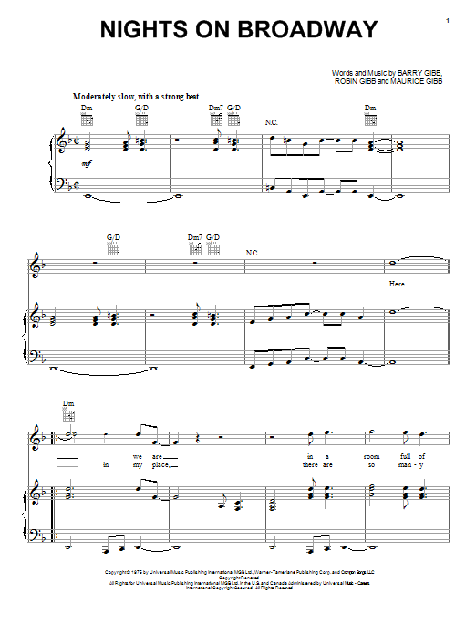 Bee Gees Nights On Broadway sheet music notes and chords arranged for Piano, Vocal & Guitar Chords (Right-Hand Melody)