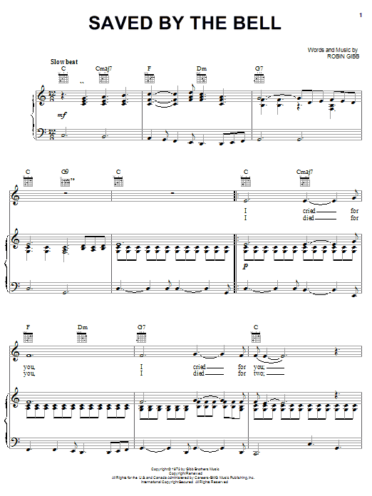 Bee Gees Saved By The Bell sheet music notes and chords arranged for Piano, Vocal & Guitar Chords (Right-Hand Melody)