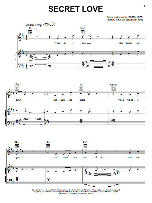 Bee Gees Secret Love sheet music notes and chords arranged for Piano, Vocal & Guitar Chords (Right-Hand Melody)