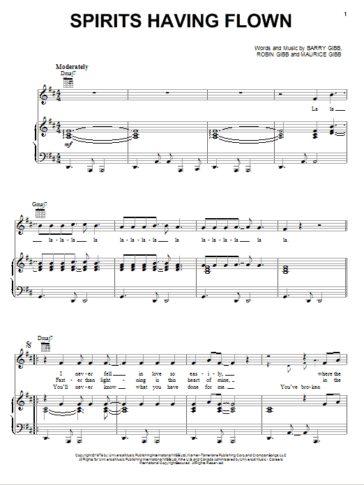Bee Gees Spirits Having Flown sheet music notes and chords arranged for Piano, Vocal & Guitar Chords (Right-Hand Melody)