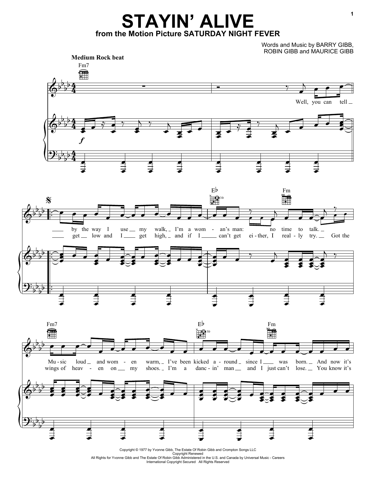 Bee Gees Stayin' Alive sheet music notes and chords arranged for Easy Guitar Tab
