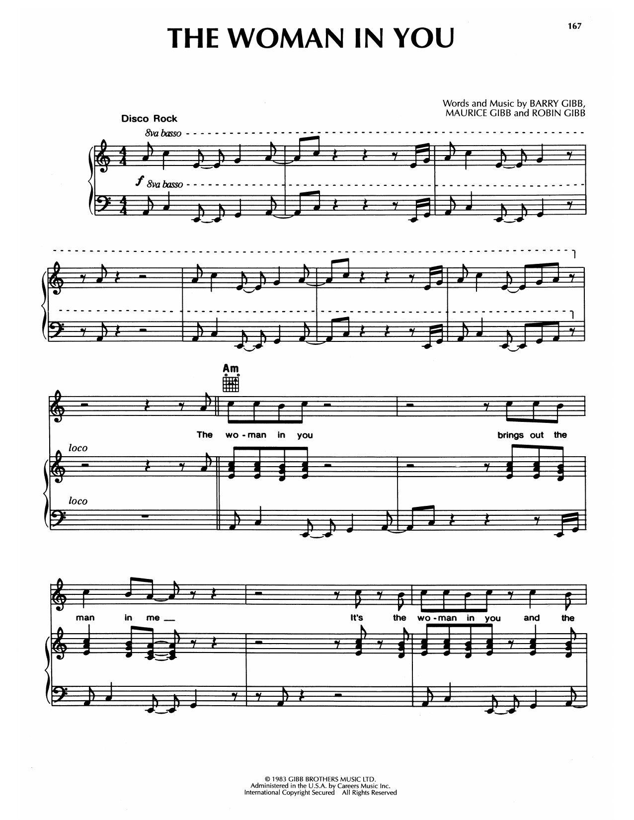 Bee Gees The Woman In You sheet music notes and chords arranged for Piano, Vocal & Guitar Chords (Right-Hand Melody)