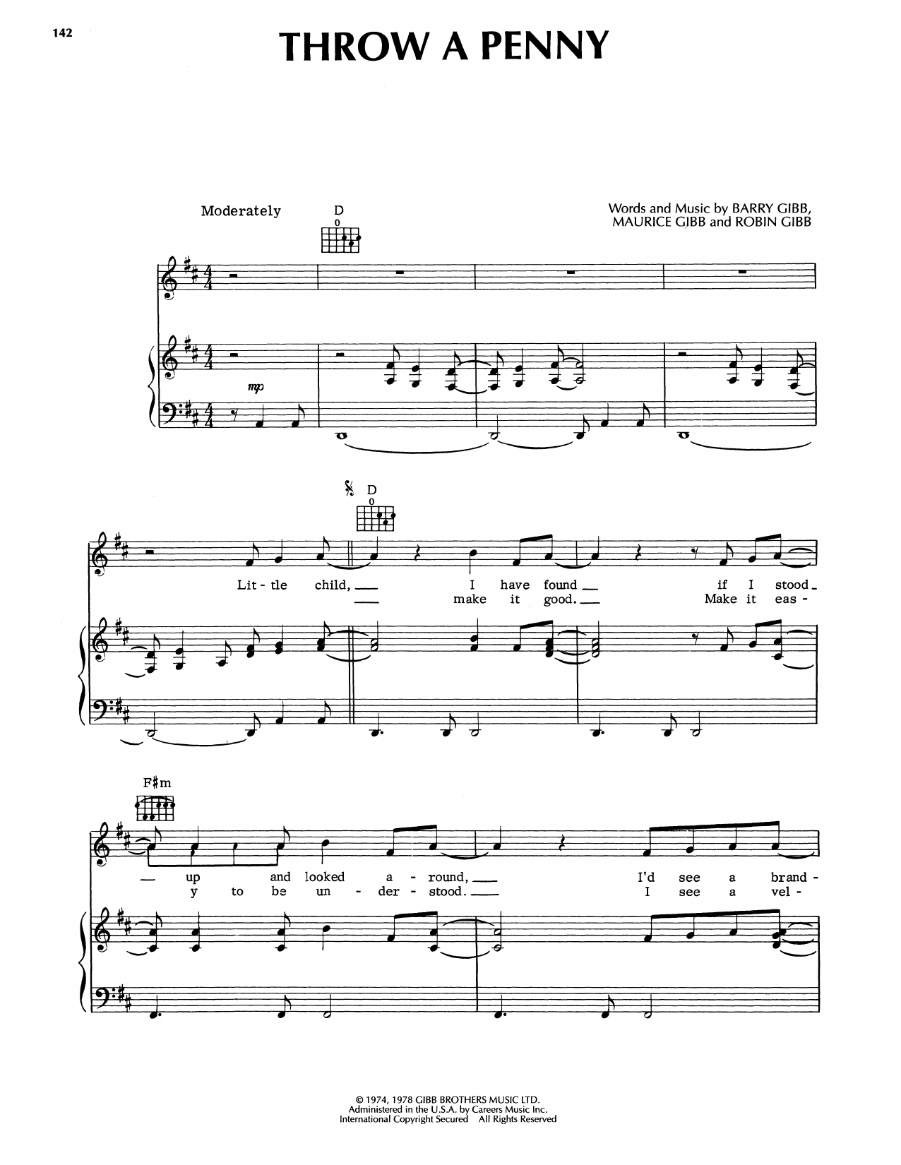 Bee Gees Throw A Penny sheet music notes and chords arranged for Piano, Vocal & Guitar Chords (Right-Hand Melody)