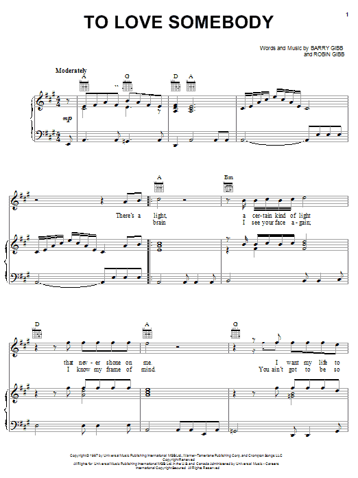 Bee Gees To Love Somebody sheet music notes and chords arranged for Guitar Chords/Lyrics