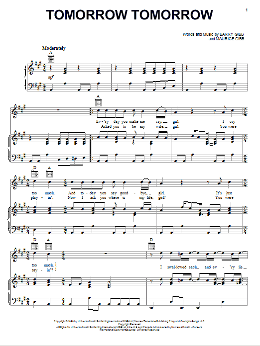 Bee Gees Tomorrow Tomorrow sheet music notes and chords arranged for Piano, Vocal & Guitar Chords (Right-Hand Melody)