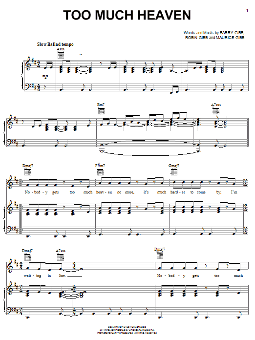 Bee Gees Too Much Heaven sheet music notes and chords arranged for Piano, Vocal & Guitar Chords (Right-Hand Melody)