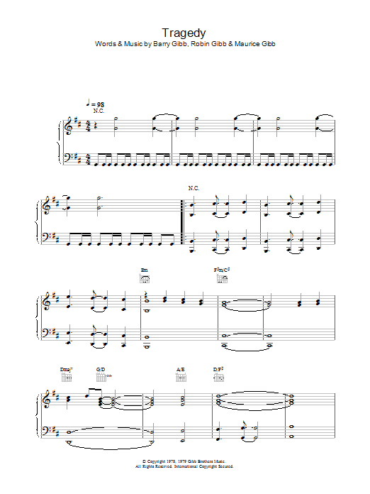 Bee Gees Tragedy sheet music notes and chords arranged for Piano, Vocal & Guitar Chords (Right-Hand Melody)