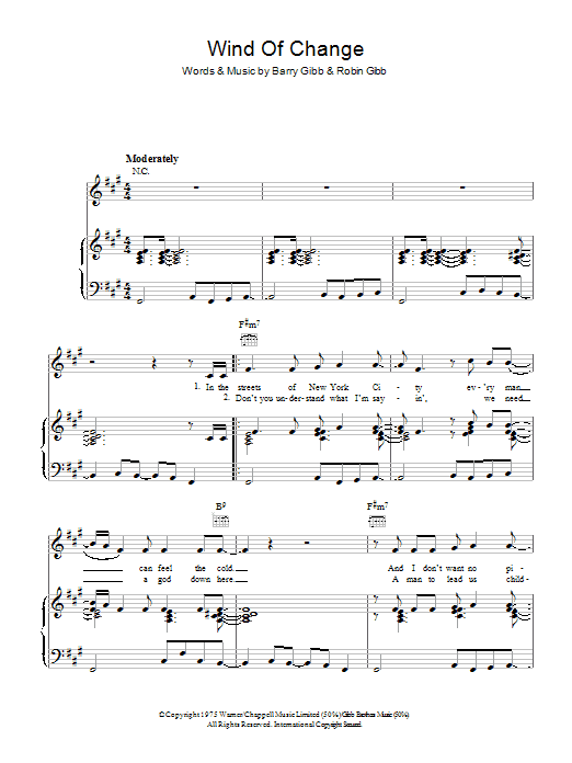 Bee Gees Wind Of Change sheet music notes and chords arranged for Piano, Vocal & Guitar Chords