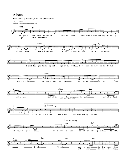 Bee Gees Alone sheet music notes and chords. Download Printable PDF.