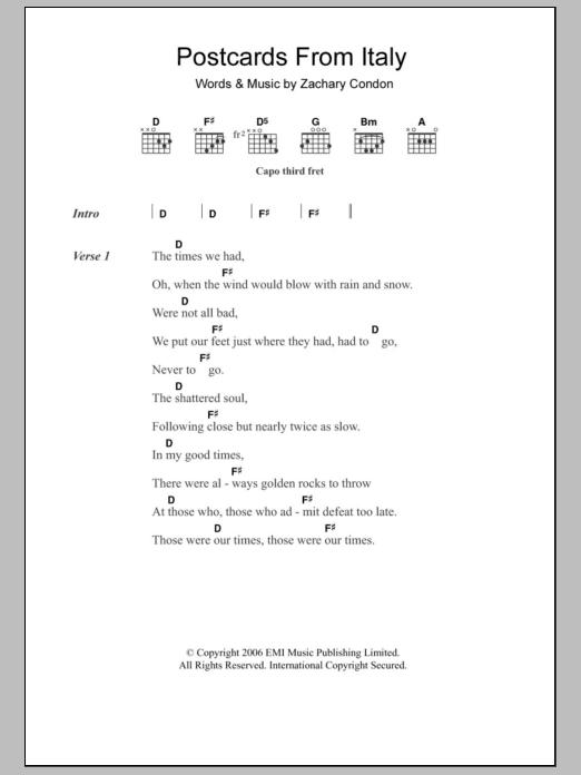 Beirut Postcards From Italy sheet music notes and chords arranged for Guitar Chords/Lyrics