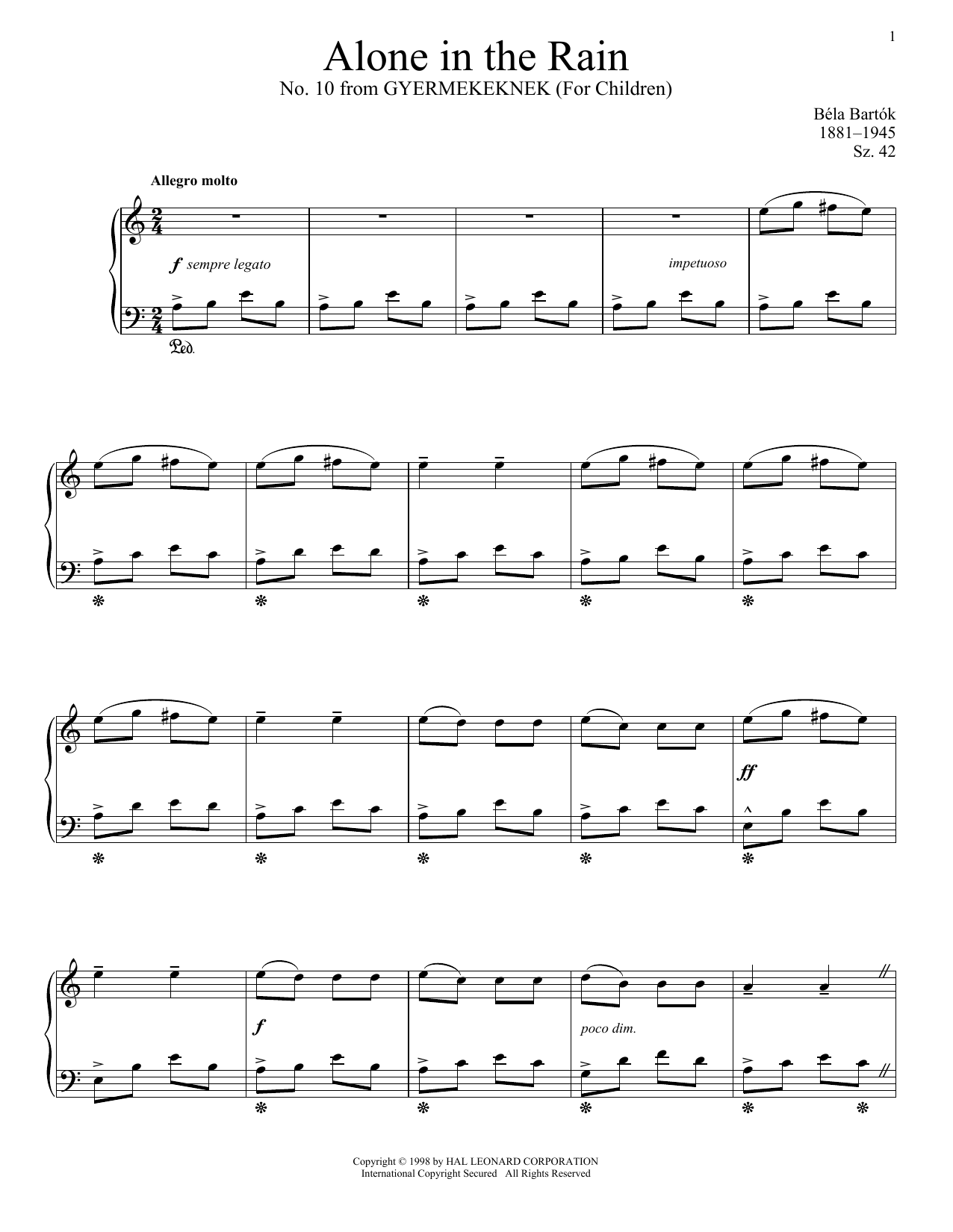 Béla Bartók Alone In The Rain sheet music notes and chords arranged for Piano Solo