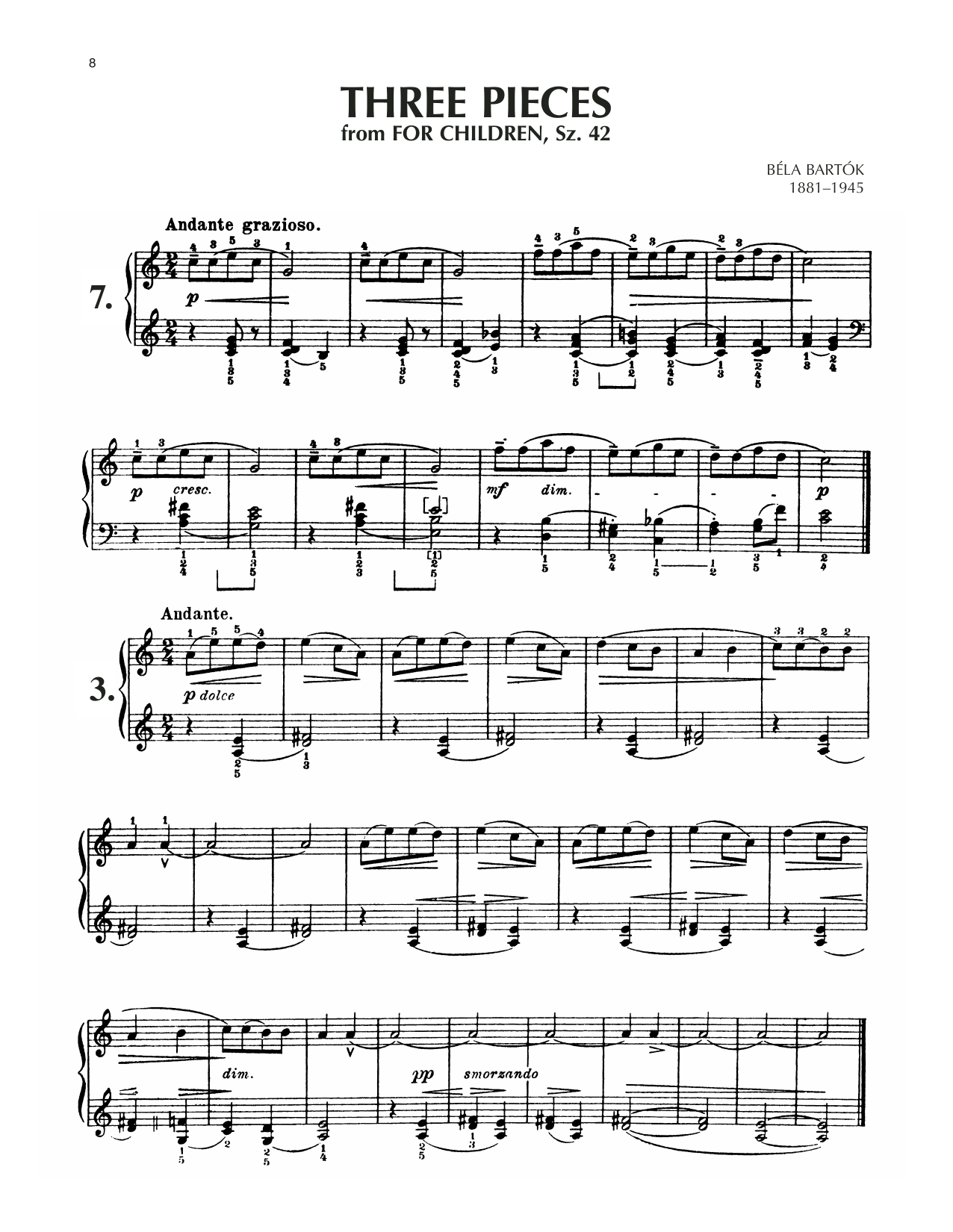 Béla Bartók Andante Grazioso, Sz. 42, No. 7 sheet music notes and chords arranged for Piano Solo