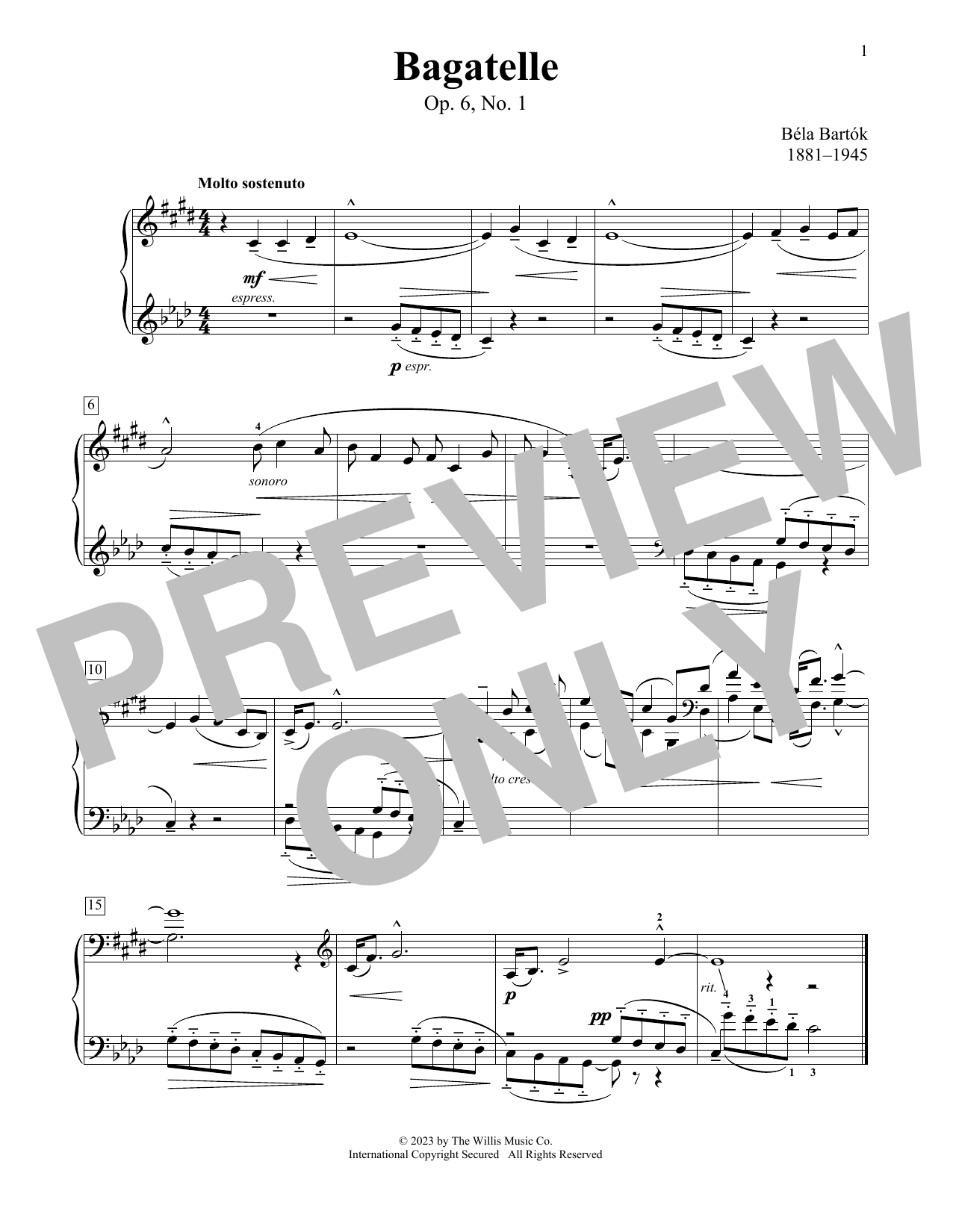 Bela Bartok Bagatelle, Op. 6, No. 1 sheet music notes and chords arranged for Educational Piano