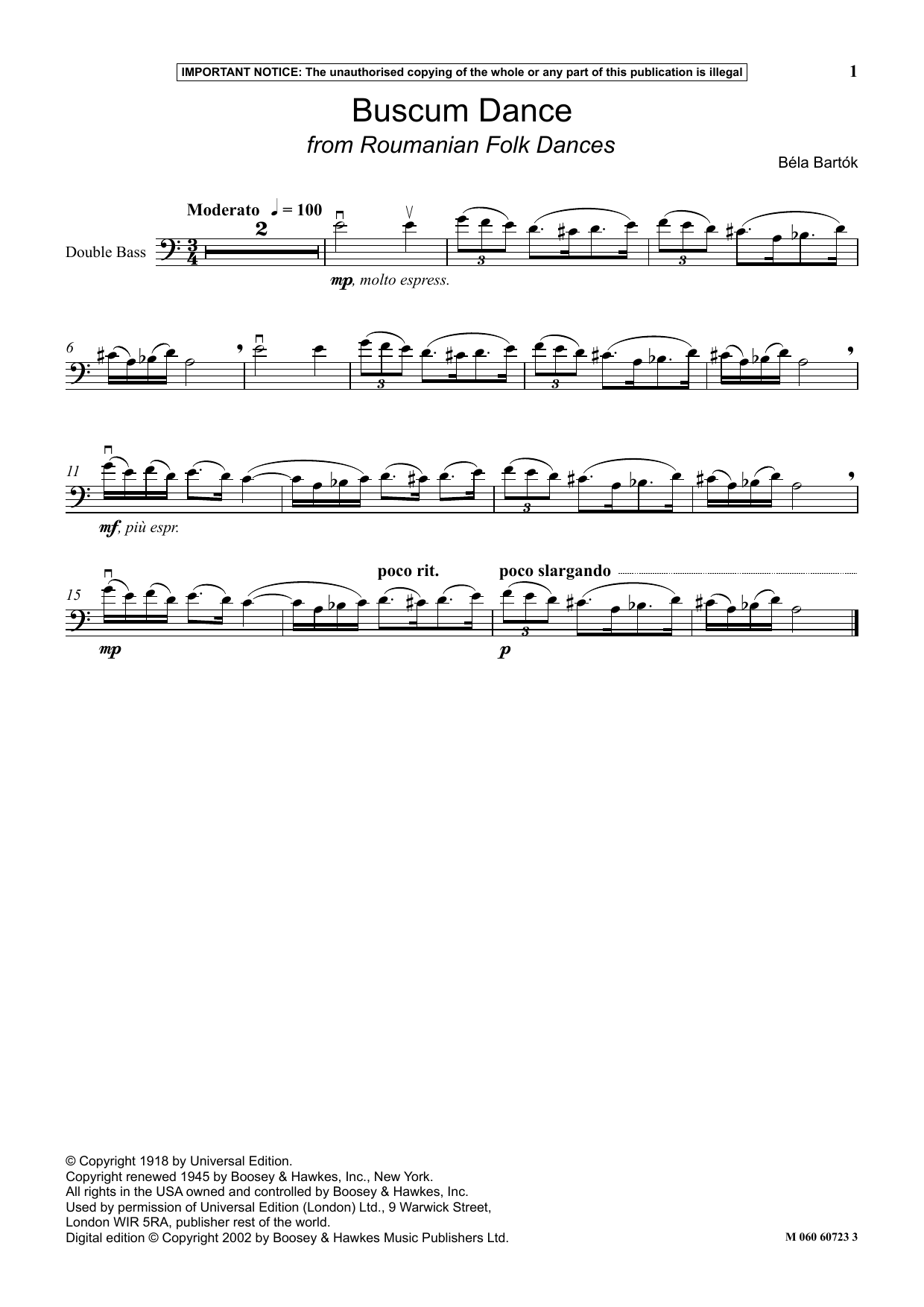 Béla Bartók Buscum Dance (from Roumanian Folk Dances) sheet music notes and chords arranged for Instrumental Solo