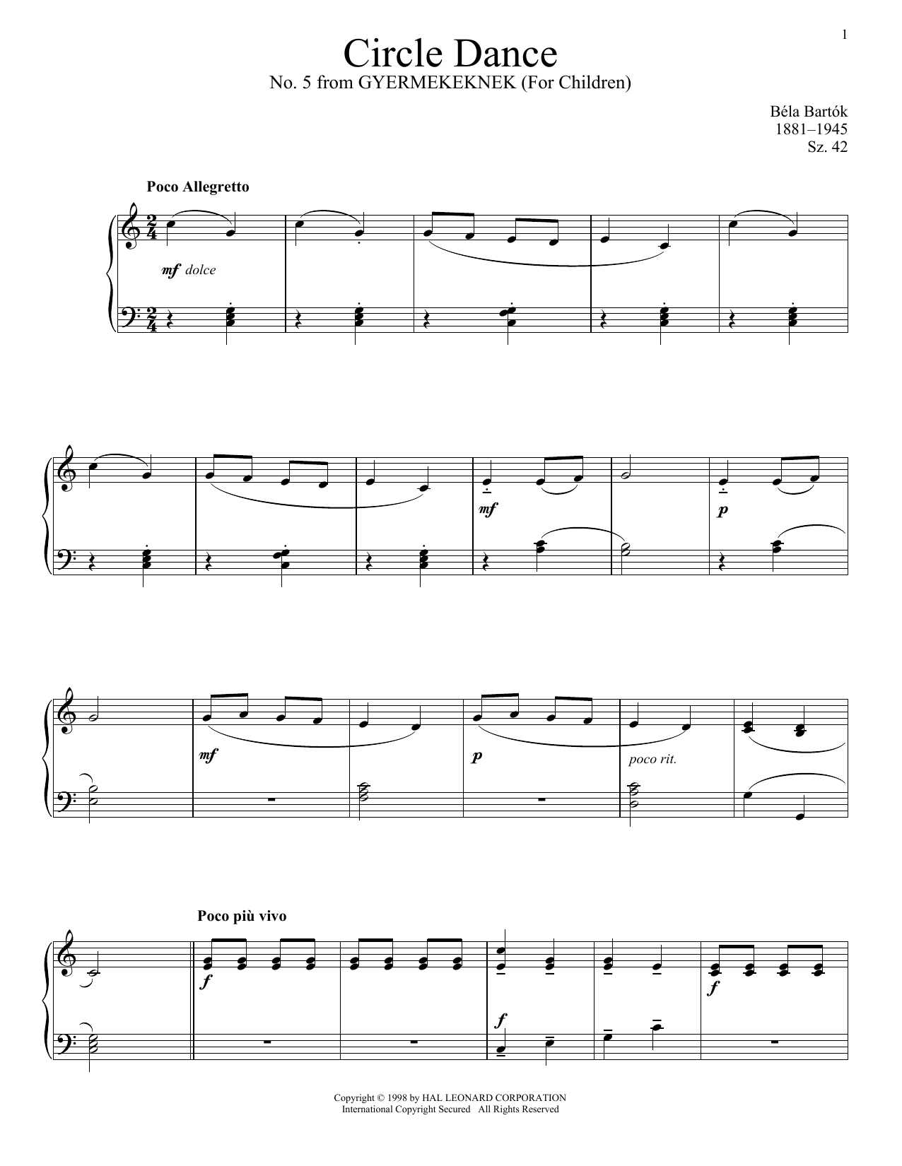 Béla Bartók Circle Dance sheet music notes and chords arranged for Piano Solo