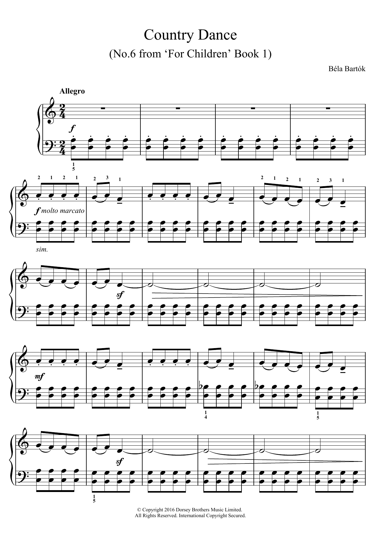 Béla Bartók Country Dance (From 'For Children', Volume 1) sheet music notes and chords arranged for Easy Piano