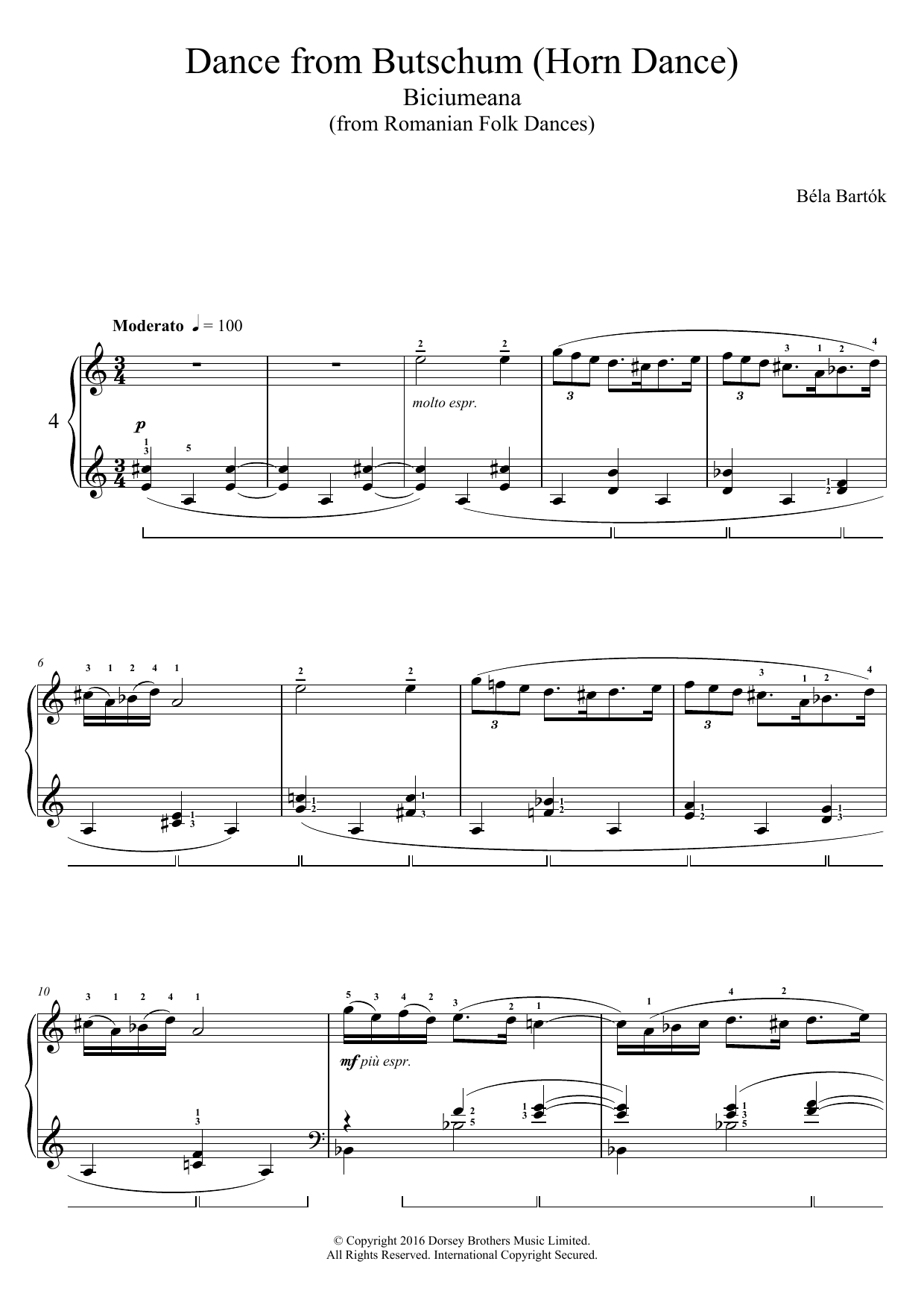 Béla Bartók Dance From Butschum (from Romanian Folk Dances) sheet music notes and chords arranged for Piano Solo