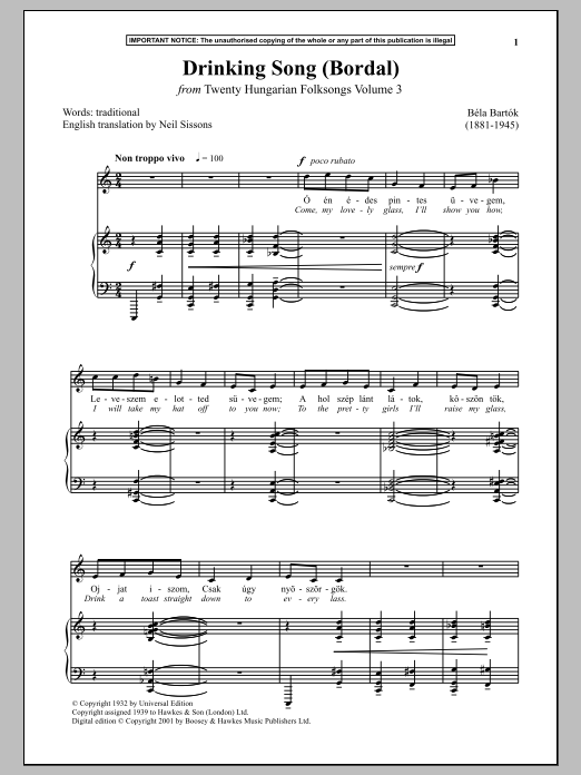 Béla Bartók Drinking Song (Bordal) (from Twenty Hungarian Folksongs Vol. 3) sheet music notes and chords arranged for Piano & Vocal