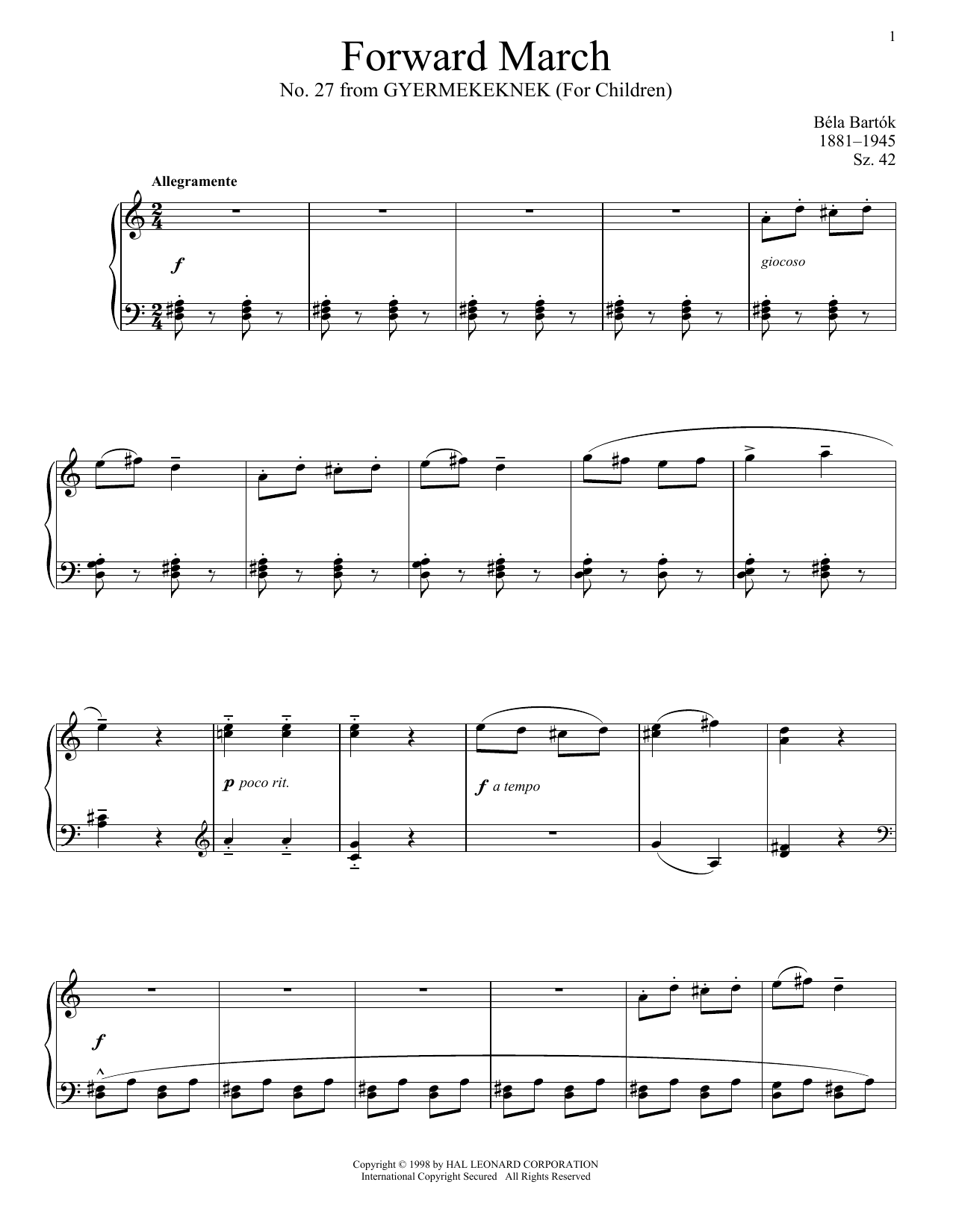 Béla Bartók Forward March sheet music notes and chords arranged for Piano Solo