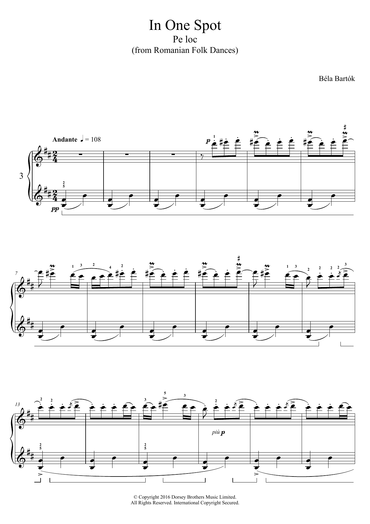 Béla Bartók In One Spot (from Romanian Folk Dances) sheet music notes and chords arranged for Piano Solo