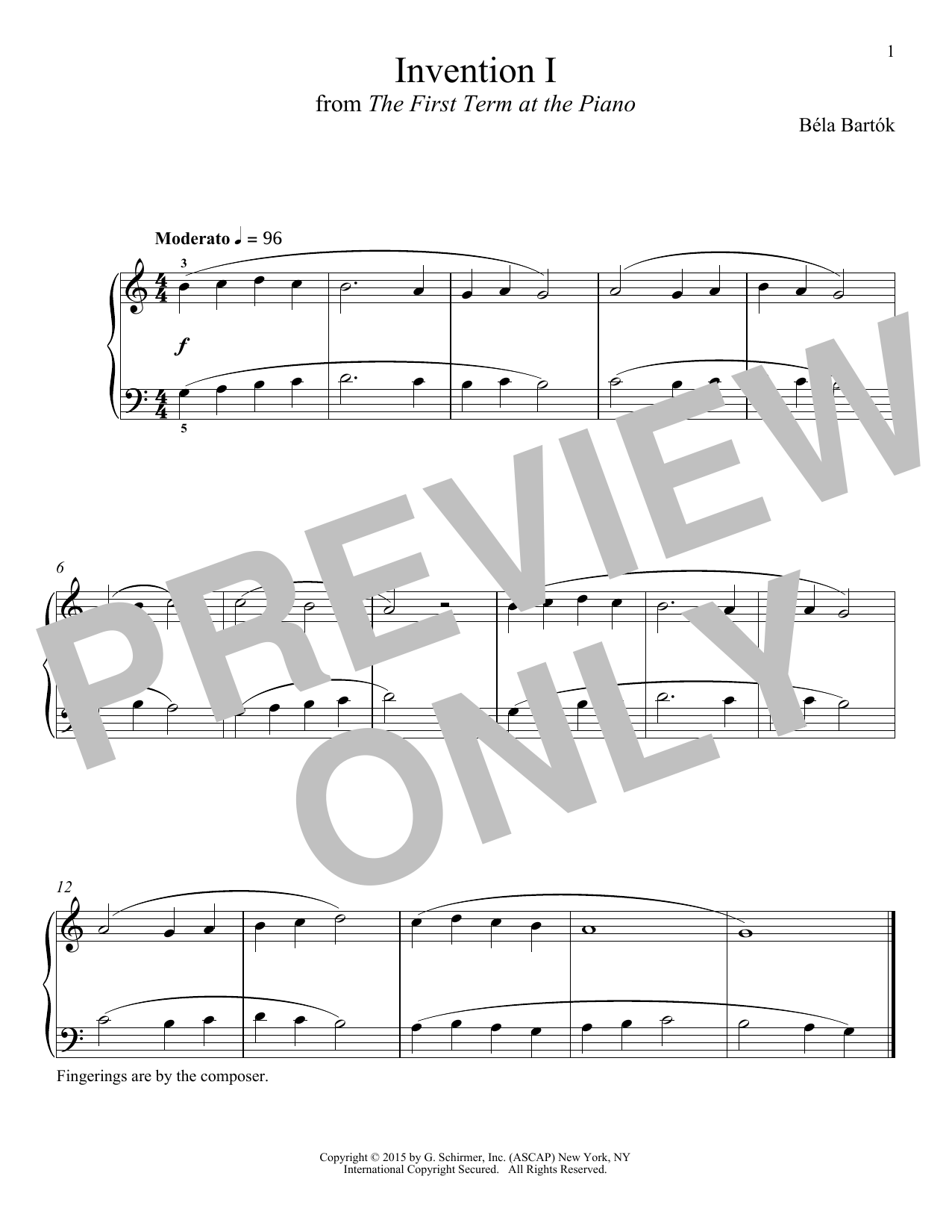 Béla Bartók Invention I sheet music notes and chords arranged for Piano Solo