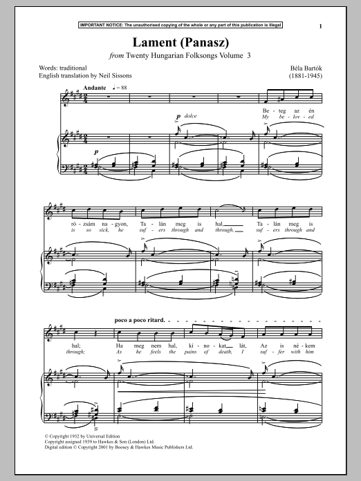 Béla Bartók Lament (Panasz) (from Twenty Hungarian Folksongs Vol. 3) sheet music notes and chords arranged for Piano & Vocal
