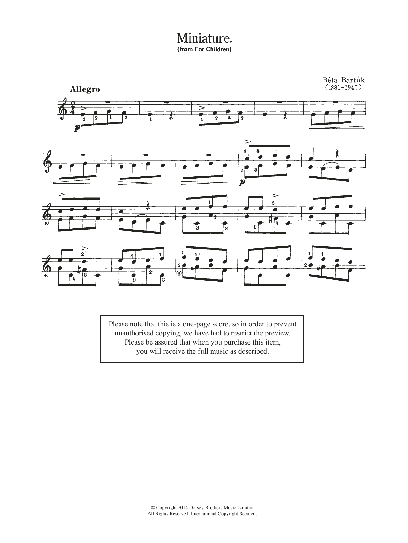 Béla Bartók Miniature (From 'For Children') sheet music notes and chords arranged for Easy Guitar