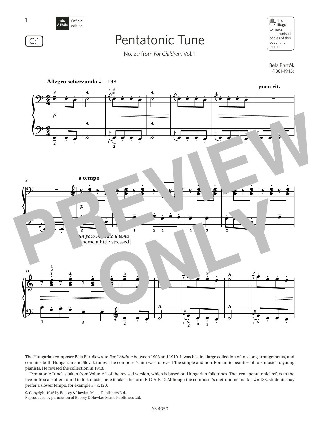 Béla Bartók Pentatonic Tune (Grade 4, list C1, from the ABRSM Piano Syllabus 2023 & 2024) sheet music notes and chords arranged for Piano Solo