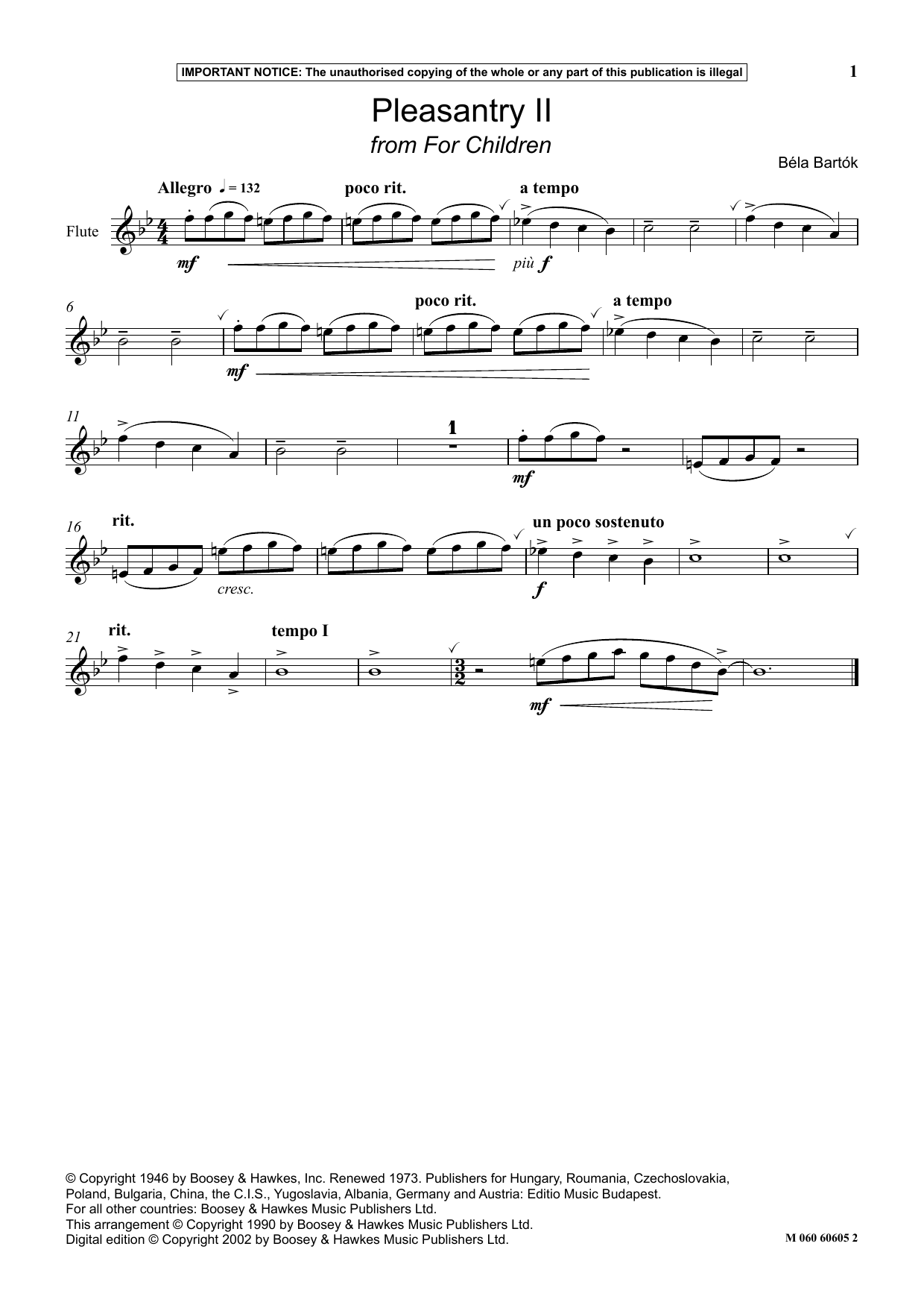 Béla Bartók Pleasantry II (from For Children) sheet music notes and chords arranged for Instrumental Solo
