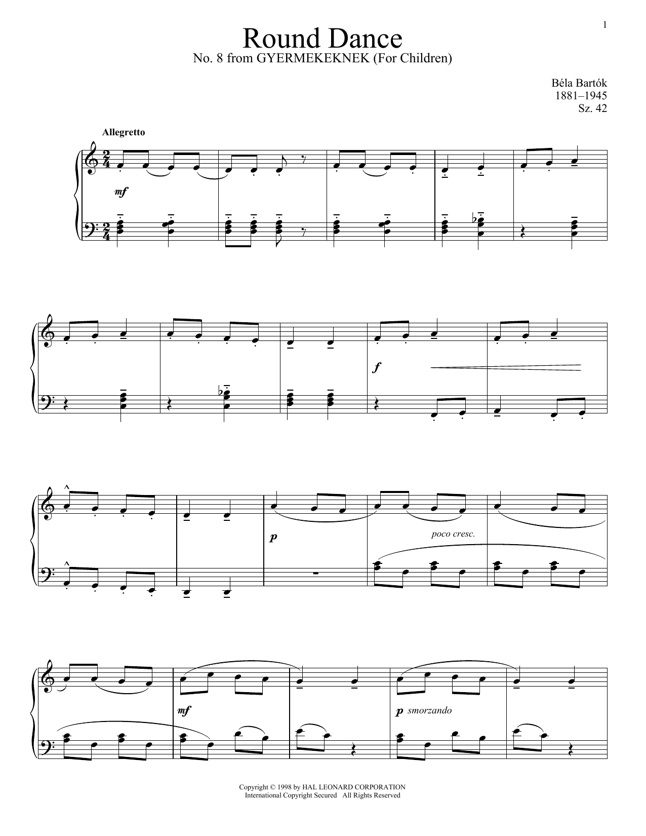 Béla Bartók Round Dance sheet music notes and chords arranged for Piano Solo
