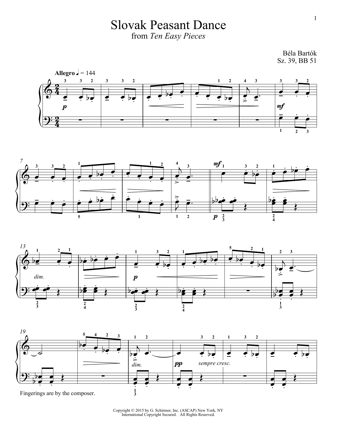 Béla Bartók Slovak Peasant Dance sheet music notes and chords arranged for Piano Solo