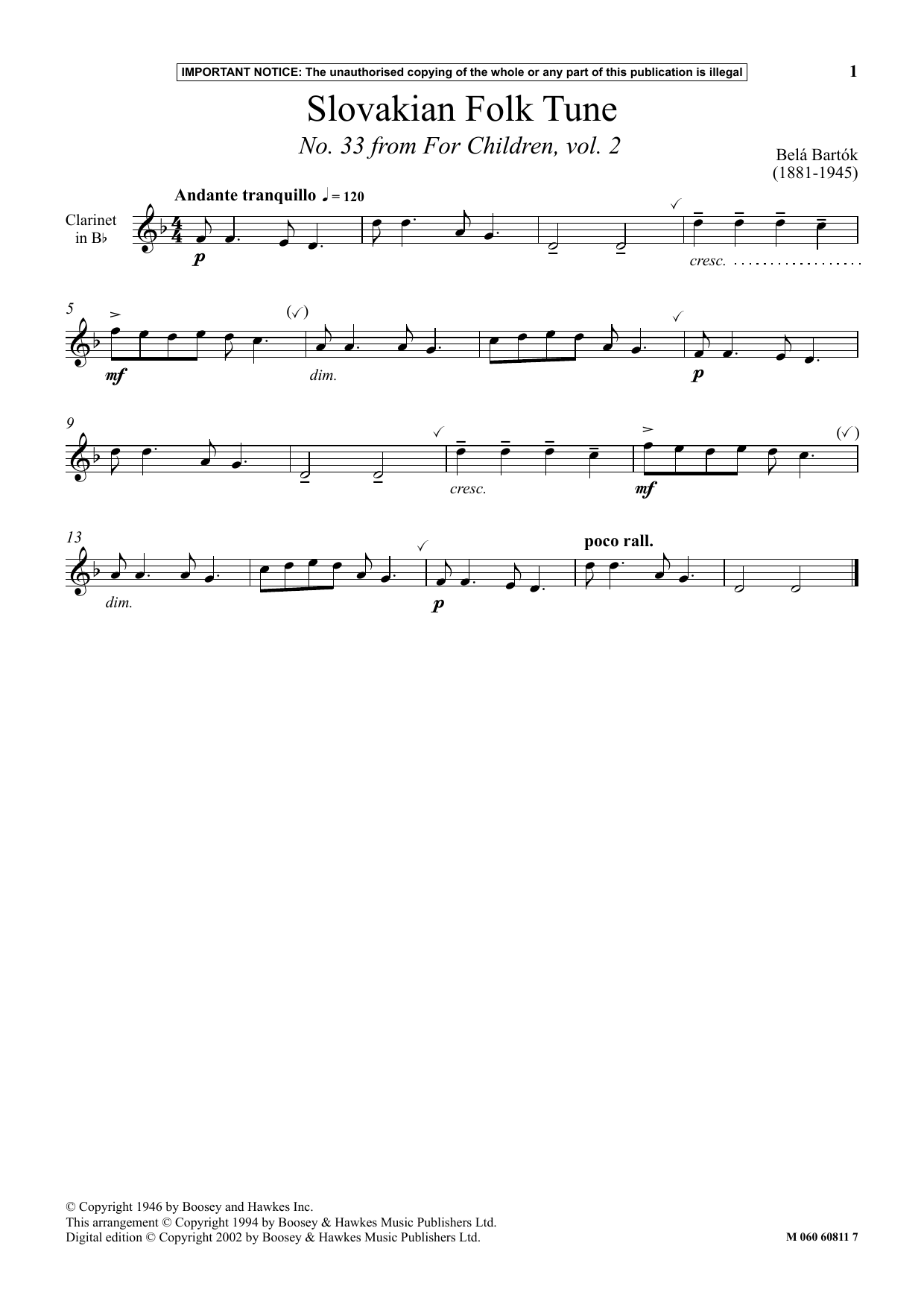 Béla Bartók Slovakian Folk Tune (No. 33 from For Children, Vol. 2) sheet music notes and chords arranged for Instrumental Solo