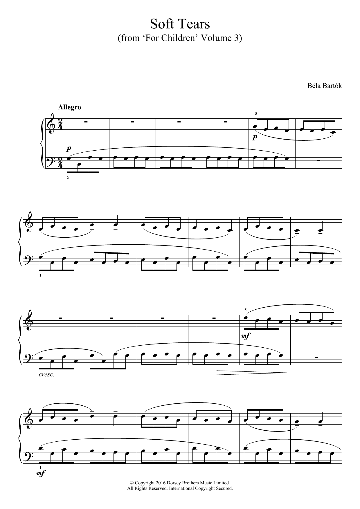 Béla Bartók Soft Tears (from 'For Children', Volume 3) sheet music notes and chords arranged for Easy Piano
