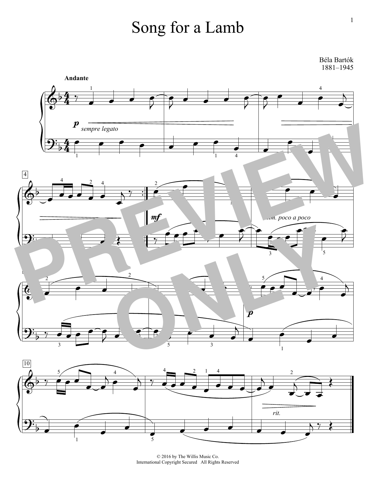 Bela Bartok Song For A Lamb sheet music notes and chords arranged for Educational Piano