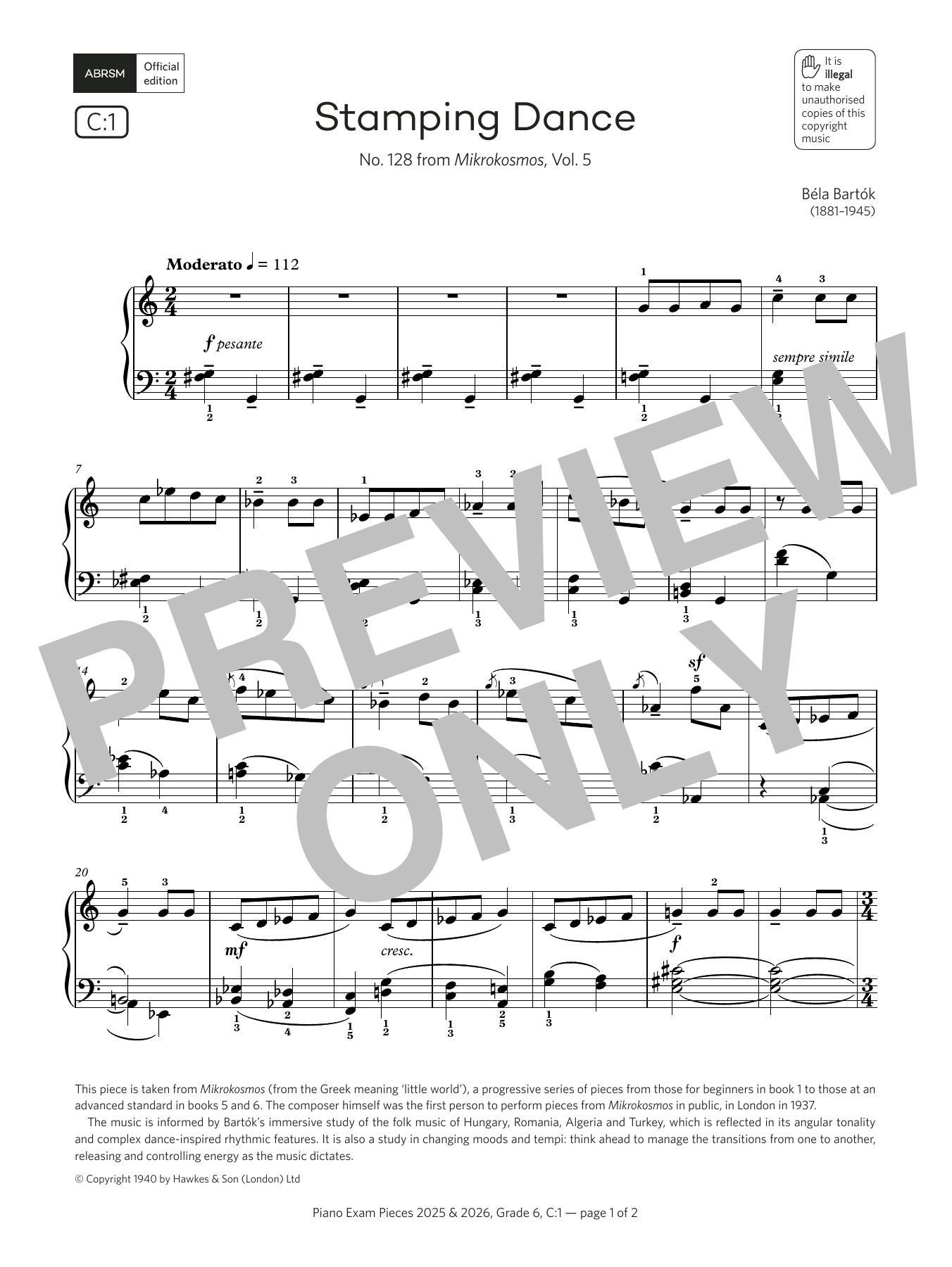 Béla Bartók Stamping Dance (Grade 6, list C1, from the ABRSM Piano Syllabus 2025 & 2026) sheet music notes and chords arranged for Piano Solo
