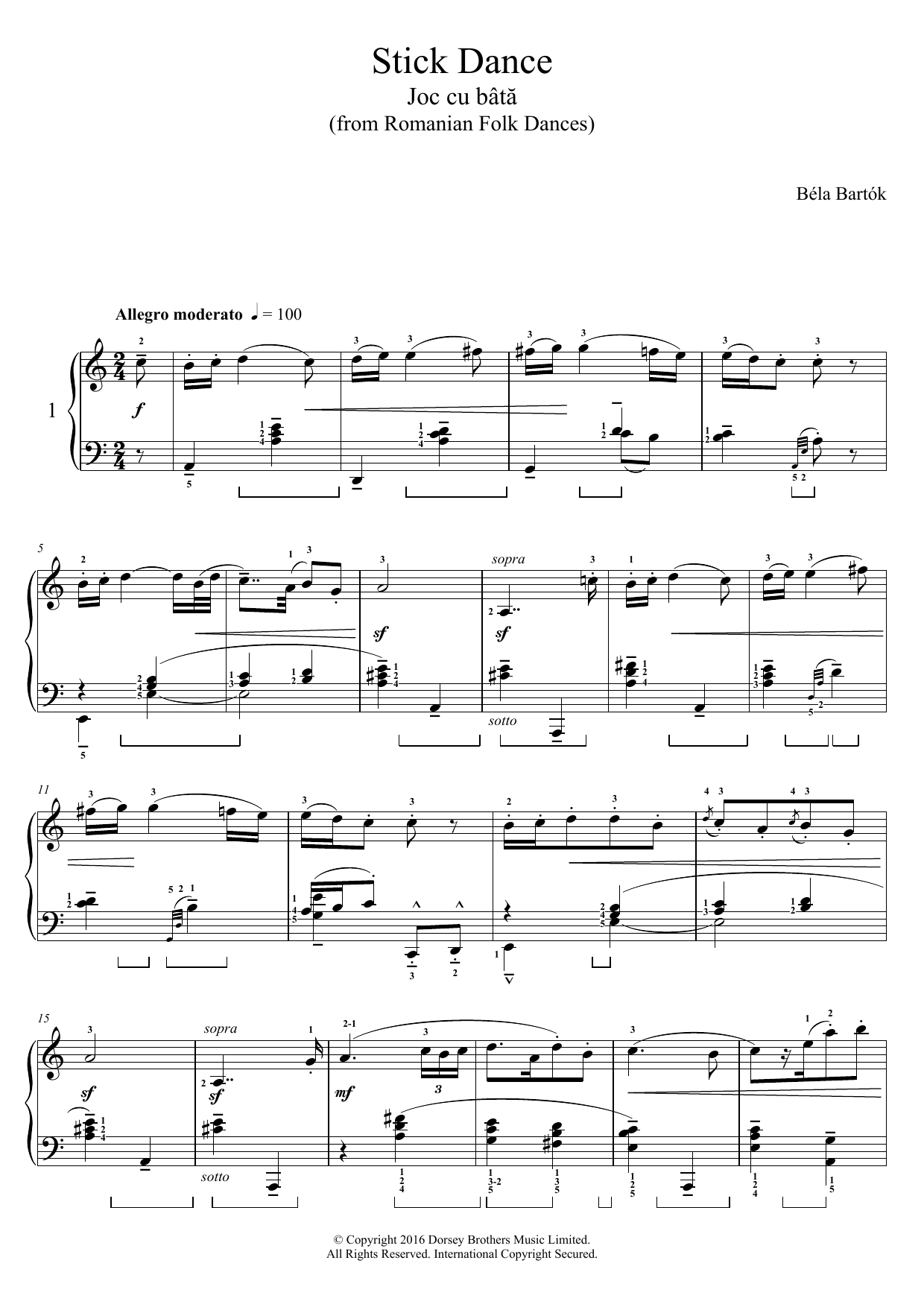 Béla Bartók Stick Dance (from Romanian Folk Dances) sheet music notes and chords arranged for Piano Solo