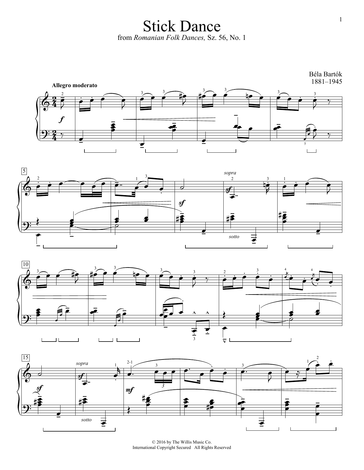 Bela Bartok Stick Dance sheet music notes and chords arranged for Educational Piano
