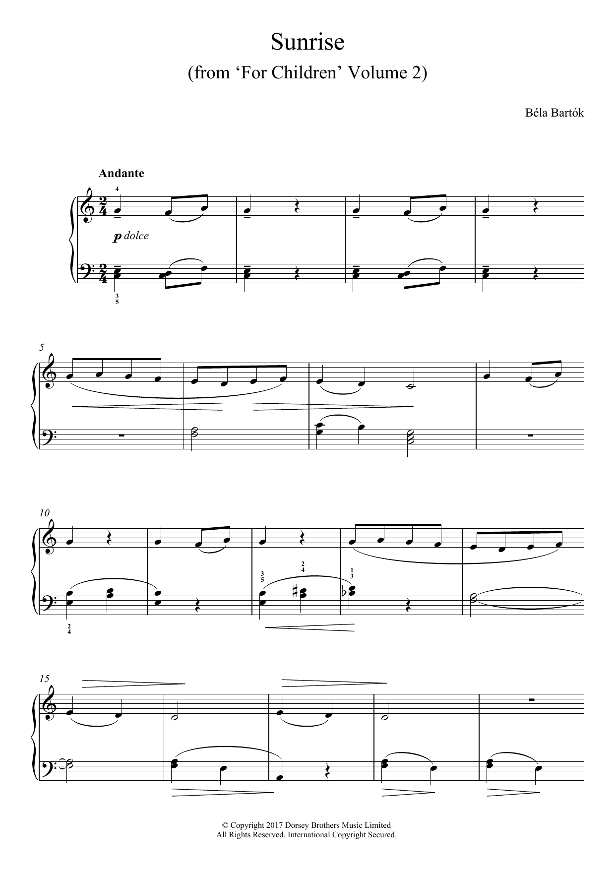 Bela Bartok Sunrise (from For Children Volume 2) sheet music notes and chords arranged for Easy Piano