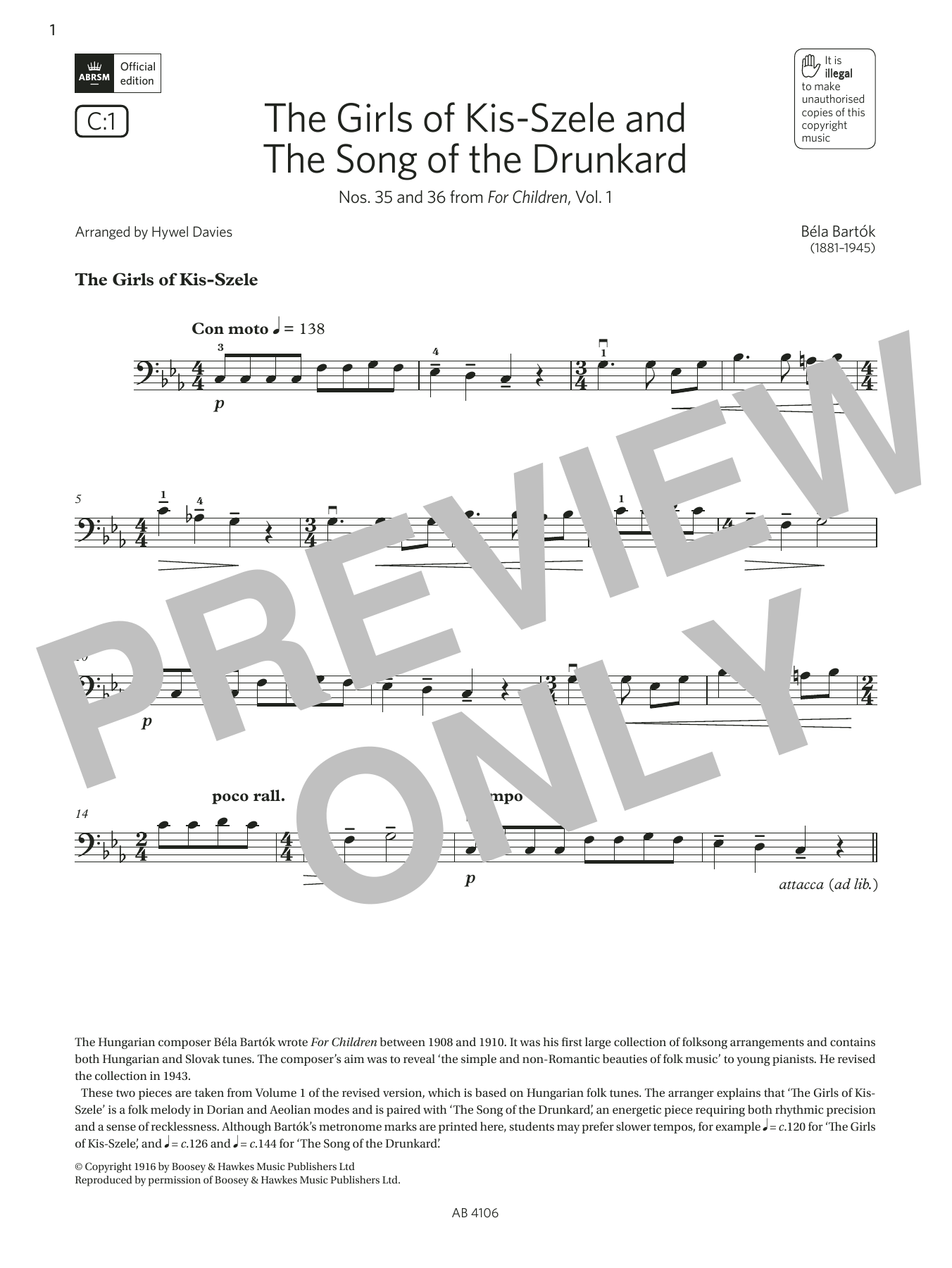 Béla Bartók The Girls of Kis-Szele and The Song of the Drunkard (Grade 3, C1 from the ABRSM Cello Syllabus 2024) sheet music notes and chords arranged for Cello Solo