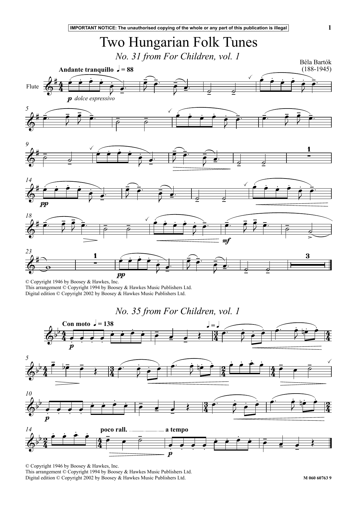 Béla Bartók Two Hungarian Folk Tunes (No. 31 from For Children, Vol. 1) sheet music notes and chords arranged for Instrumental Solo