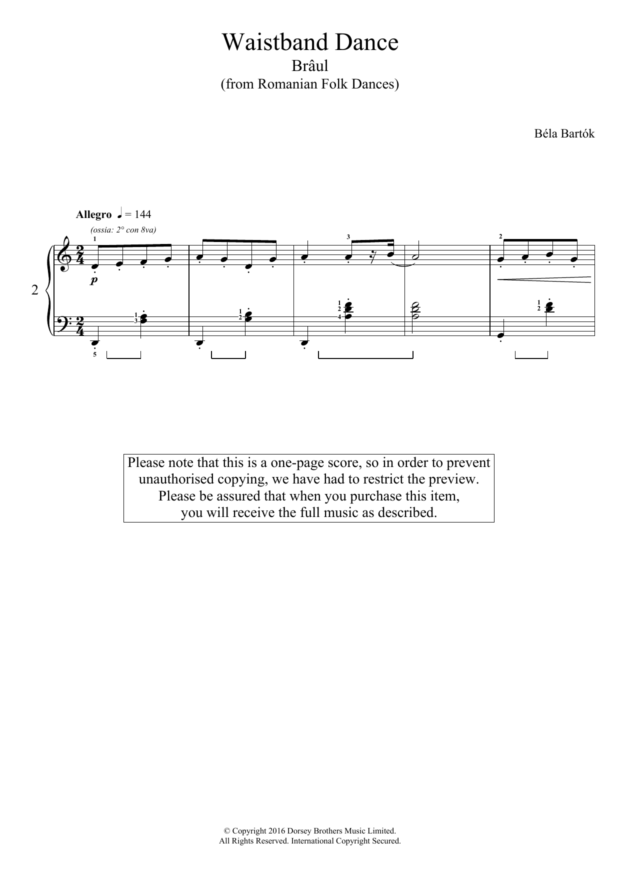 Béla Bartók Waistband Dance (from Romanian Folk Dances) sheet music notes and chords arranged for Piano Solo