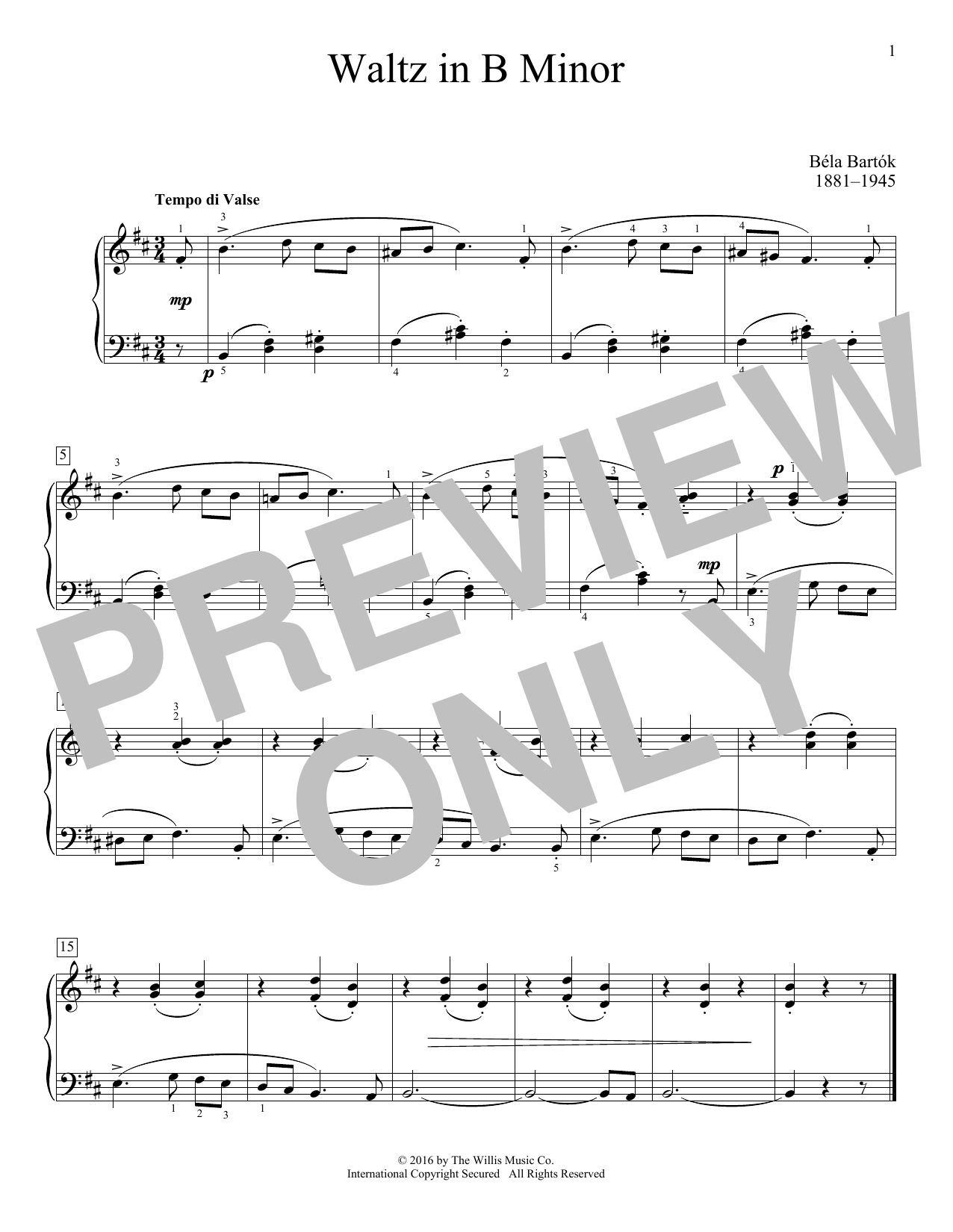 Bela Bartok Waltz In B Minor sheet music notes and chords arranged for Educational Piano