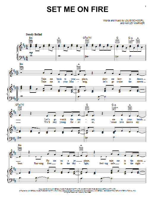 Bella Ferraro Set Me On Fire sheet music notes and chords arranged for Piano, Vocal & Guitar Chords (Right-Hand Melody)