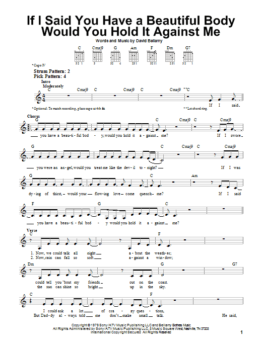 Bellamy Brothers If I Said You Have A Beautiful Body Would You Hold It Against Me sheet music notes and chords arranged for Piano, Vocal & Guitar Chords (Right-Hand Melody)