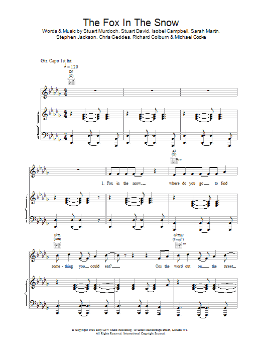 Belle And Sebastian Fox In The Snow sheet music notes and chords arranged for Piano, Vocal & Guitar Chords