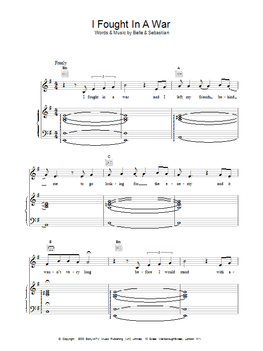 Belle And Sebastian I Fought In A War sheet music notes and chords arranged for Piano, Vocal & Guitar Chords