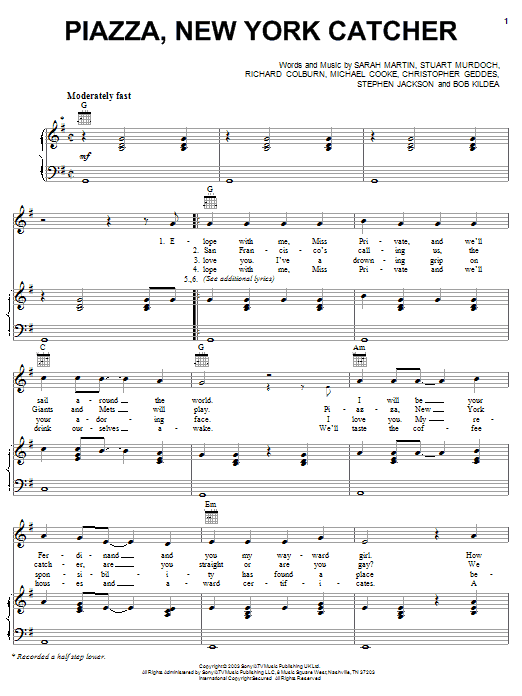 Belle And Sebastian Piazza, New York Catcher sheet music notes and chords arranged for Piano, Vocal & Guitar Chords (Right-Hand Melody)