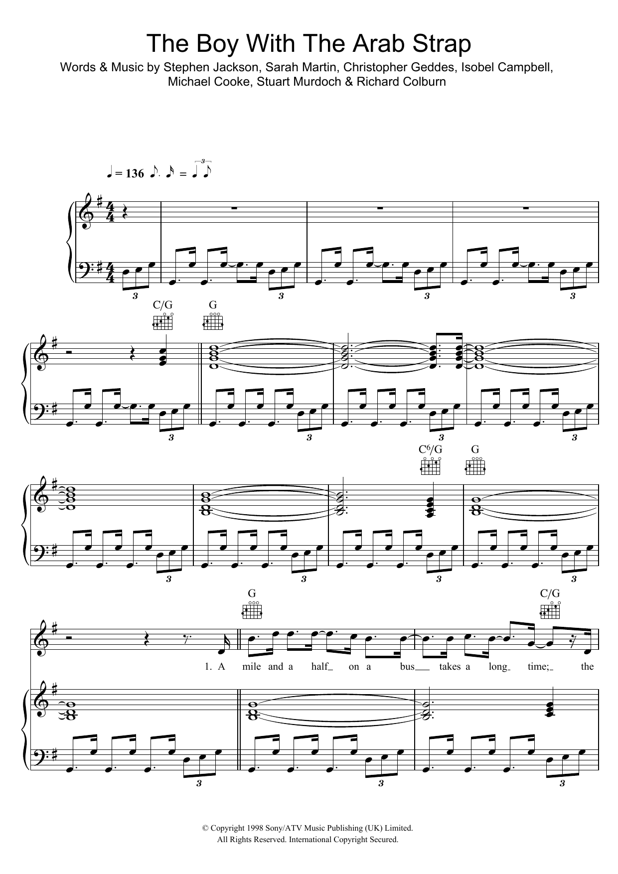 Belle And Sebastian The Boy With The Arab Strap sheet music notes and chords arranged for Piano, Vocal & Guitar Chords