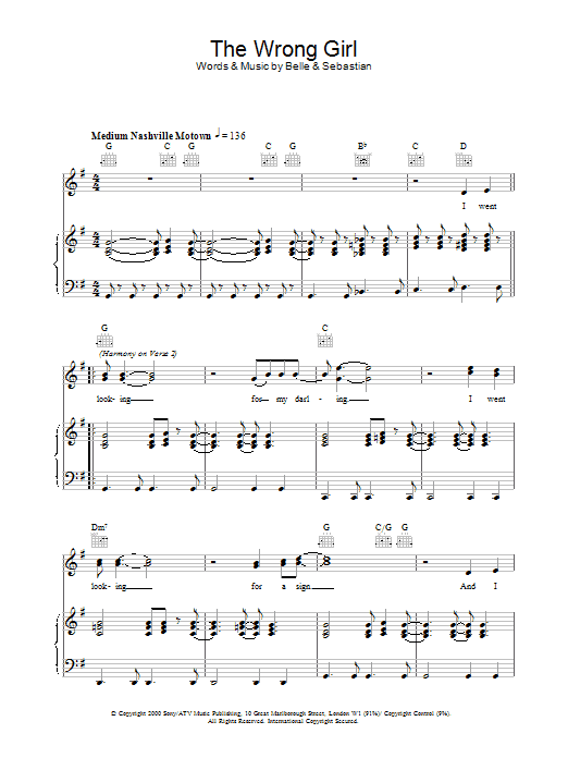 Belle And Sebastian The Wrong Girl sheet music notes and chords arranged for Piano, Vocal & Guitar Chords